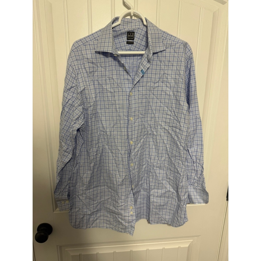 Ike Behar Shirt Mens 16 32/33 120s Two Ply Blue Grid Button Down EUC